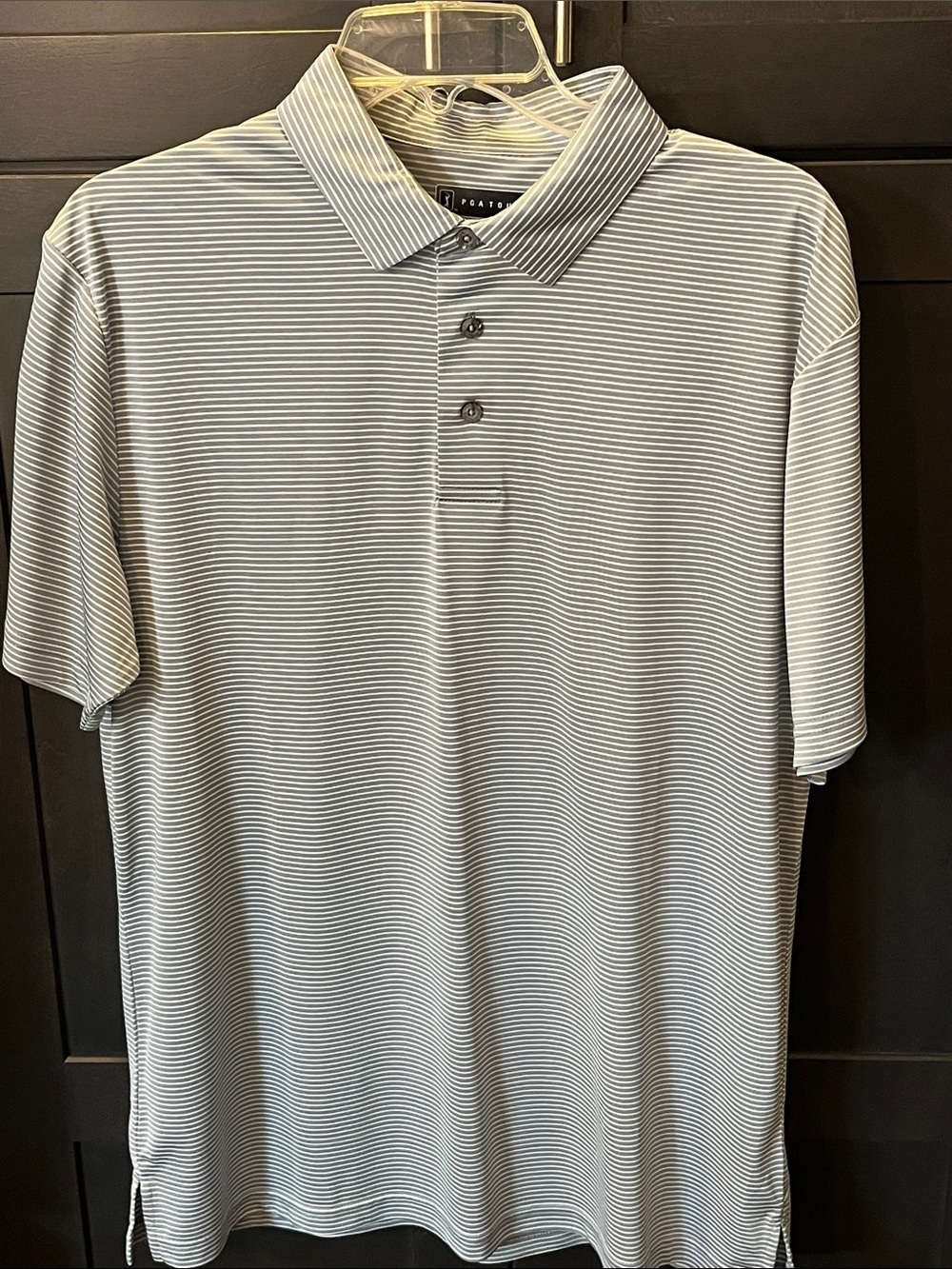 PGA Tour Gray and White Striped Polo. Med. Excellent condition